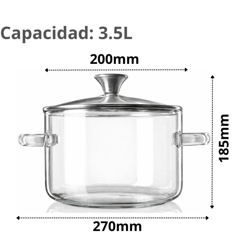 Olla de Vidrio Borosilicato con Tapa y Asas. Perilla Superior de Acero Inoxidable. Cacerola Transparente de 3500ml (3.5L). Apta para estufa, Microondas y Horno.