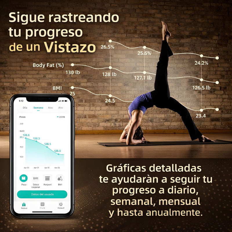 Báscula Inteligente de Composición Corporal con 8 Sensores. Balanza Digital recargable con Electrodo de Mano, Análisis BMI, Grasa Corporal y Conexión a App.