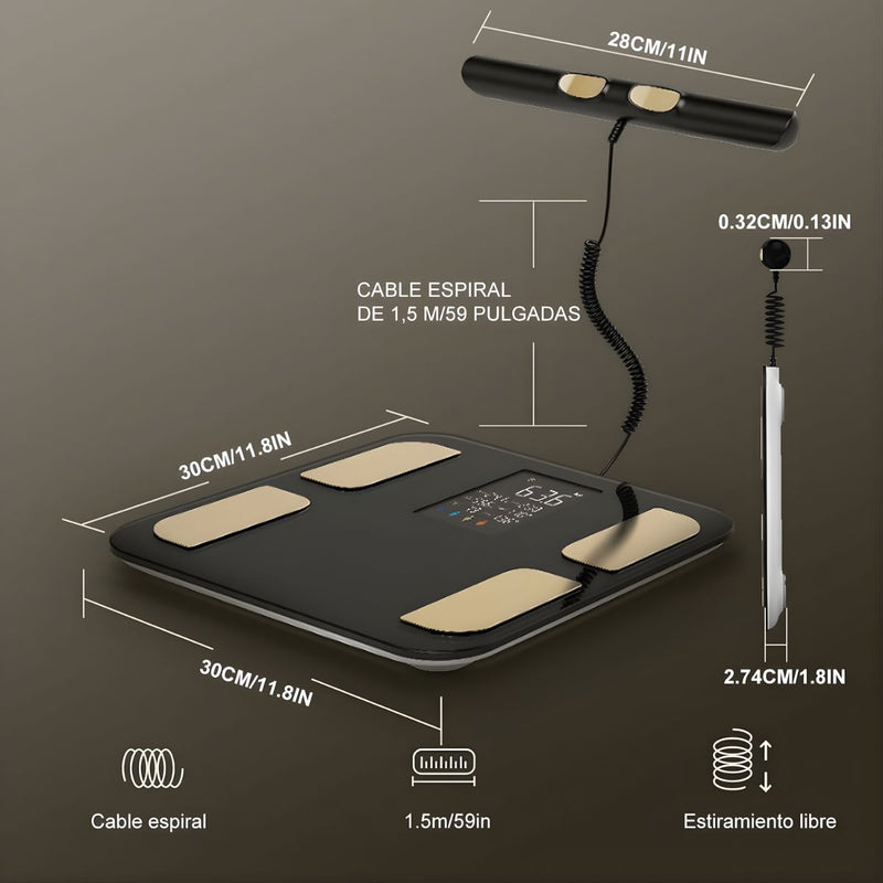 Báscula Inteligente de Composición Corporal con 8 Sensores. Balanza Digital recargable con Electrodo de Mano, Análisis BMI, Grasa Corporal y Conexión a App.