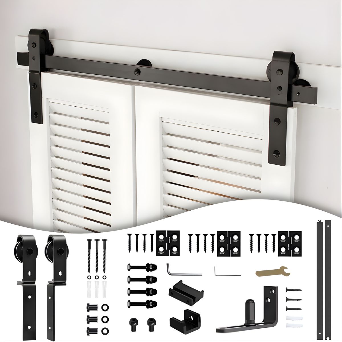 Riel para Puerta Corrediza Tipo Granero 36” (914mm) para Puerta plegable de un solo lado. Kit Sistema Deslizante de Acero con Rodamientos y Accesorios.