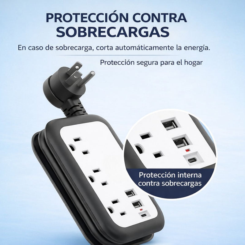 Regleta Compacta de Viaje con 3 Salidas AC 2 PuertoS USB y 1 Puerto USBC de 110V, 10A y  2500W. Toma corriente Color Blanco y Negro(2.5x8.8x12.8cm)