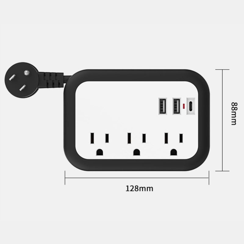 Regleta Compacta de Viaje con 3 Salidas AC 2 PuertoS USB y 1 Puerto USBC de 110V, 10A y  2500W. Toma corriente Color Blanco y Negro(2.5x8.8x12.8cm)
