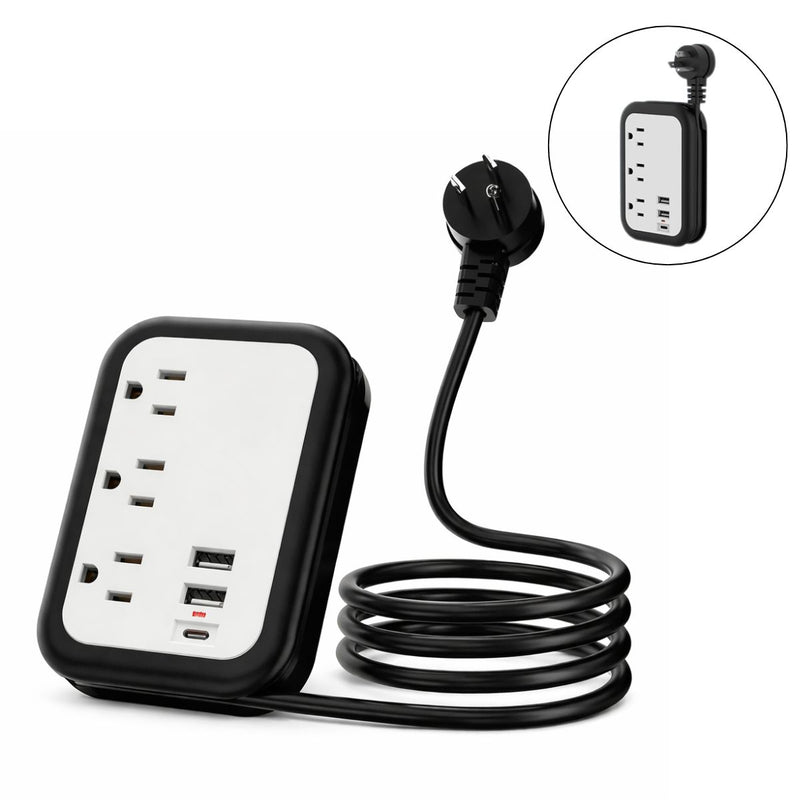 Regleta Compacta de Viaje con 3 Salidas AC 2 PuertoS USB y 1 Puerto USBC de 110V, 10A y  2500W. Toma corriente Color Blanco y Negro(2.5x8.8x12.8cm)
