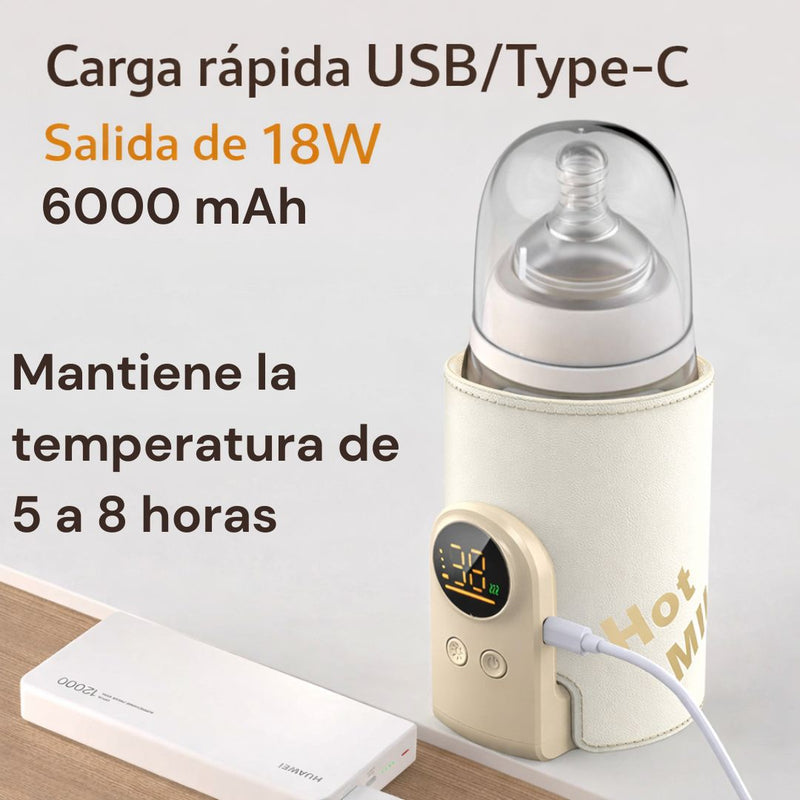 Calentador Biberones Portátil 6000mAh con Pantalla LED y Control de Temperatura. Calienta Leche para Bebé Carga USB-C 18W. Compatible con la Mayoría de Mamaderas.