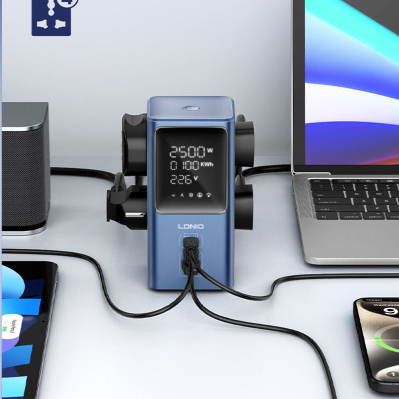 Regleta Vertical de 2500W con Pantalla Digital. Torre de Enchufes con Medidor de Consumo Incluye 2 Puertos USB-C y Puerto USB Cable 2 m