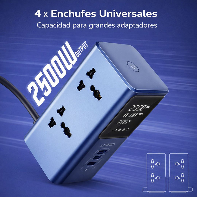 Regleta Vertical de 2500W con Pantalla Digital. Torre de Enchufes con Medidor de Consumo Incluye 2 Puertos USB-C y Puerto USB Cable 2 m