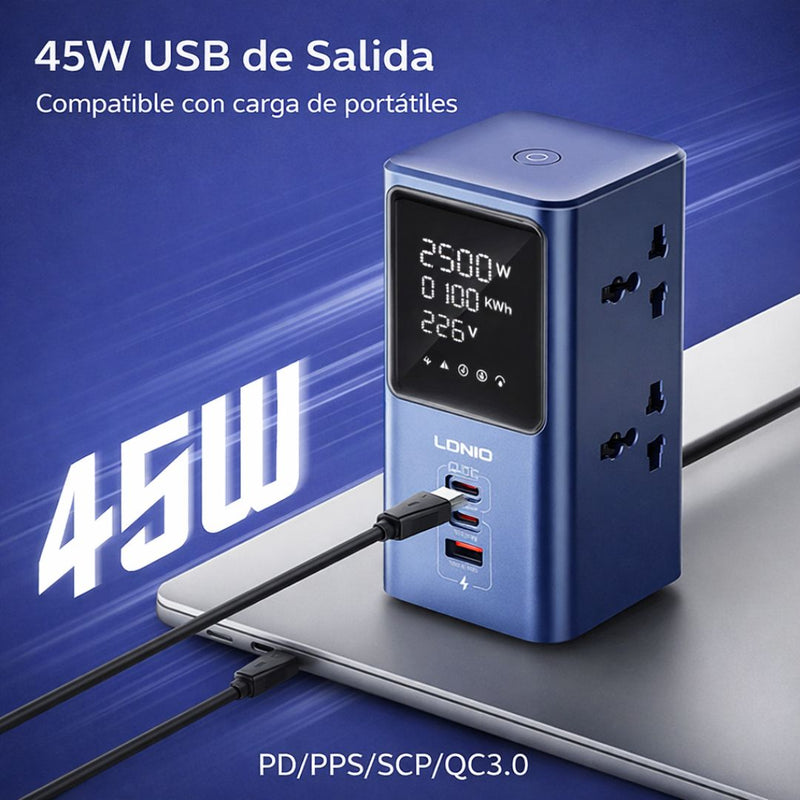 Regleta Vertical de 2500W con Pantalla Digital. Torre de Enchufes con Medidor de Consumo Incluye 2 Puertos USB-C y Puerto USB Cable 2 m