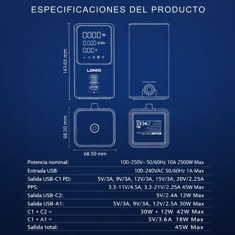 Regleta Vertical de 2500W con Pantalla Digital. Torre de Enchufes con Medidor de Consumo Incluye 2 Puertos USB-C y Puerto USB Cable 2 m