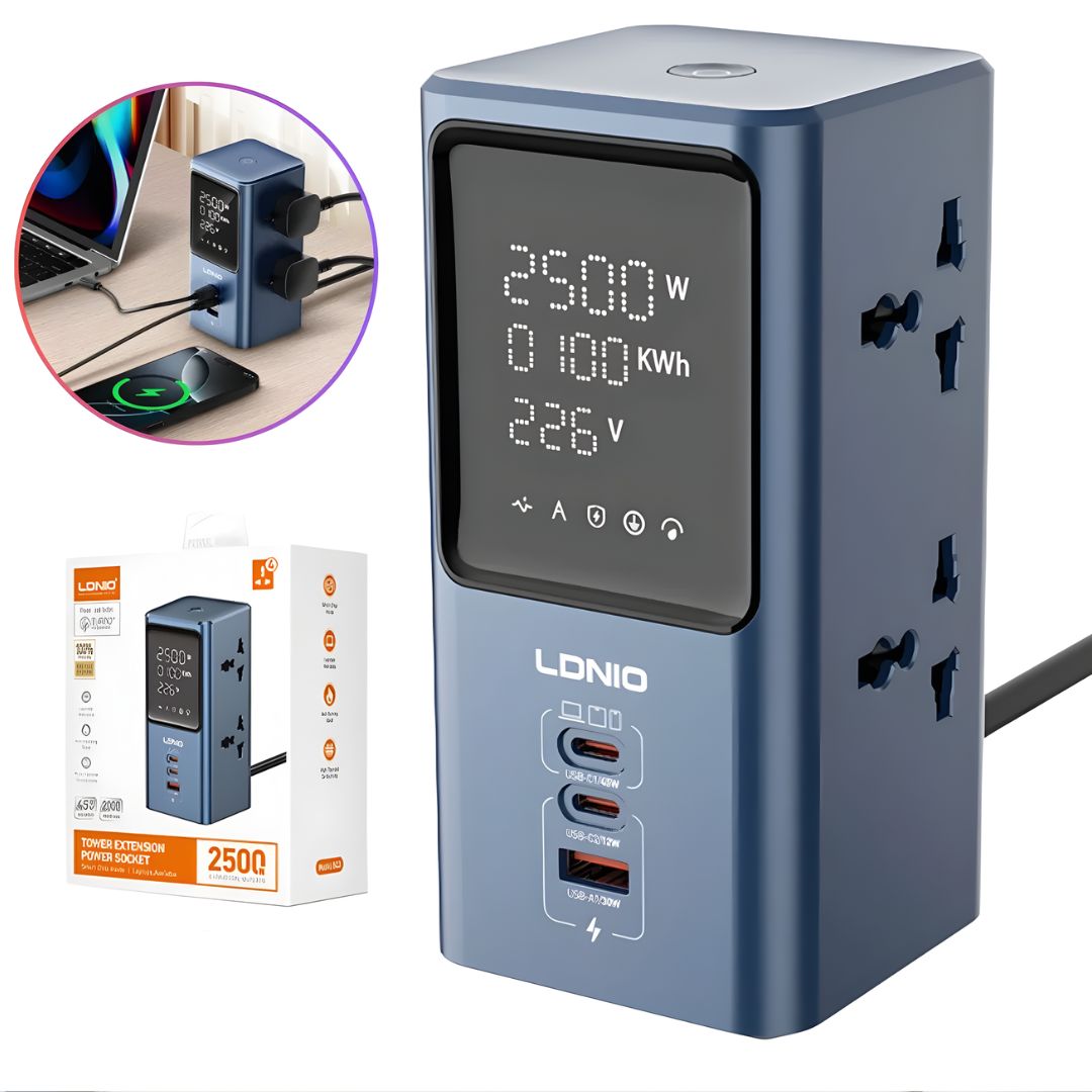 Regleta Vertical de 2500W con Pantalla Digital. Torre de Enchufes con Medidor de Consumo Incluye 2 Puertos USB-C y Puerto USB Cable 2 m