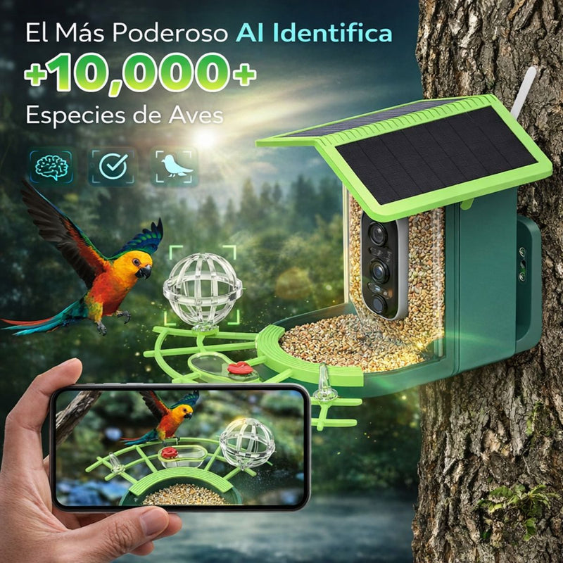 Comedero para pajaros y Aves con Cámara 4MP WiFi y Panel Solar. Cámara inalámbrica con Detección IA de Especies y Visión Nocturna Color. IP66. Incluye Memoria SD 32GB.