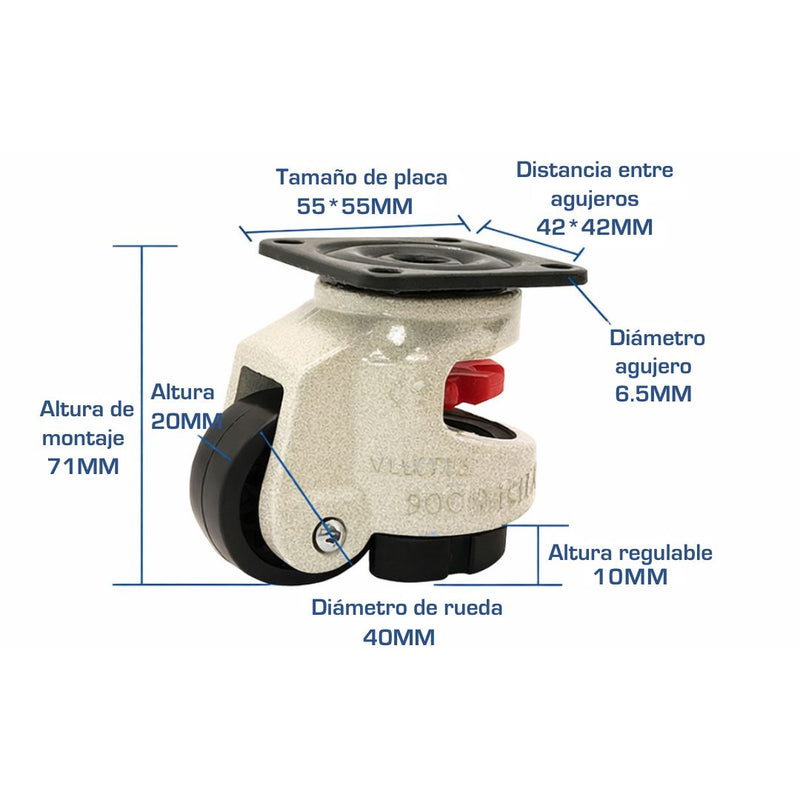 Rueda Niveladora Ajustable para Maquinaria Industrial – Rodaja Antivibración con Base Giratoria con Placa de 55x55 mm y distancia Orificios 42x42mm. Giratoria con Altura Ajustable. 40F Blanca