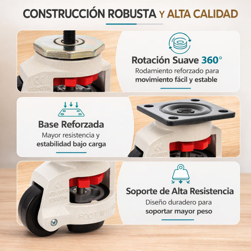 Rueda Niveladora Ajustable para Maquinaria Industrial – Rodaja Antivibración con Base Giratoria con Placa de 55x55 mm y distancia Orificios 42x42mm. Giratoria con Altura Ajustable. 40F Blanca