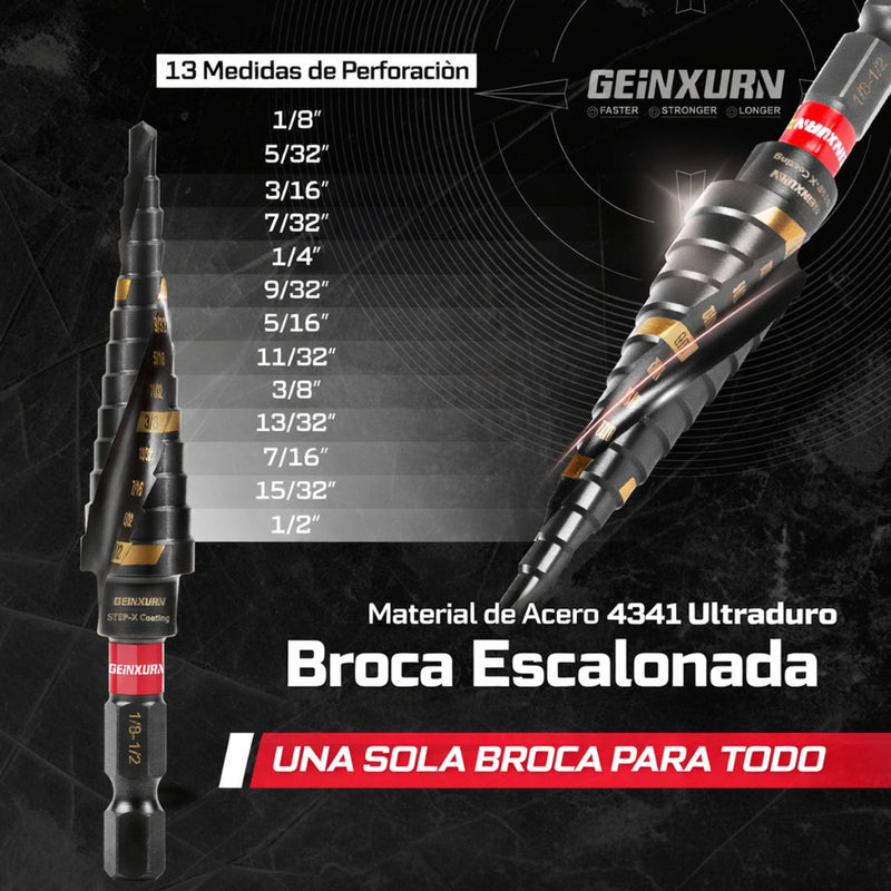 Puntas de Destornillador con Ratchet y Broca Escalonada 13 Tamaños 1/8–1/2 de Acero S2 y HSS 4341. Kit de Puntas Magnéticas con Extensiones Largas y Estuche Portátil (58 Pcs)