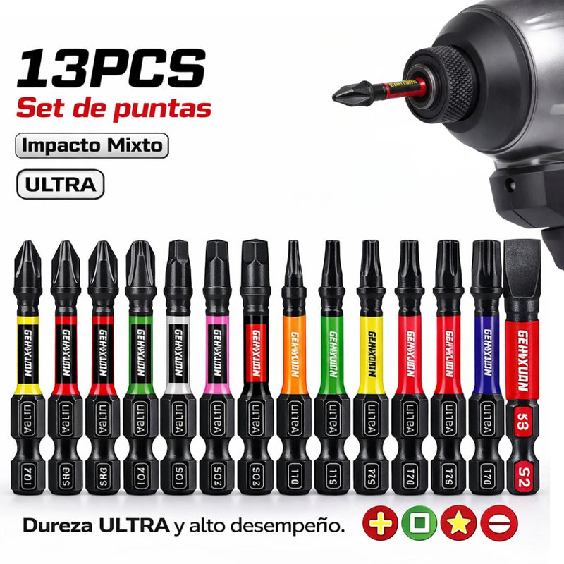 Puntas Magnéticas para Destornillador de Impacto (13Unds) 50mm. Set de Puntas para Atornillador S2 Acero Aleado, PH, SQ Torx, SL