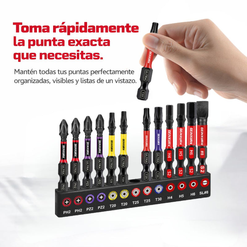 Puntas Magnéticas para Taladro (13Unds) 50mm. Juego de Puntas para Atornillador de Impacto S2 Acero Aleado, PH, PZ, Torx, Hex, SL.