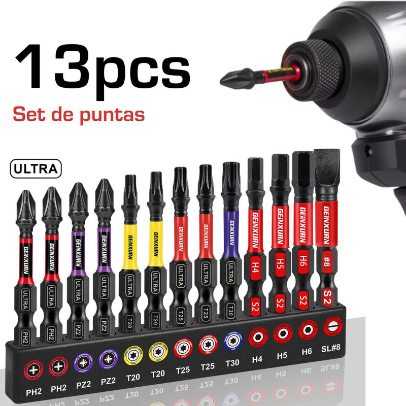 Puntas Magnéticas para Taladro (13Unds) 50mm. Juego de Puntas para Atornillador de Impacto S2 Acero Aleado, PH, PZ, Torx, Hex, SL.