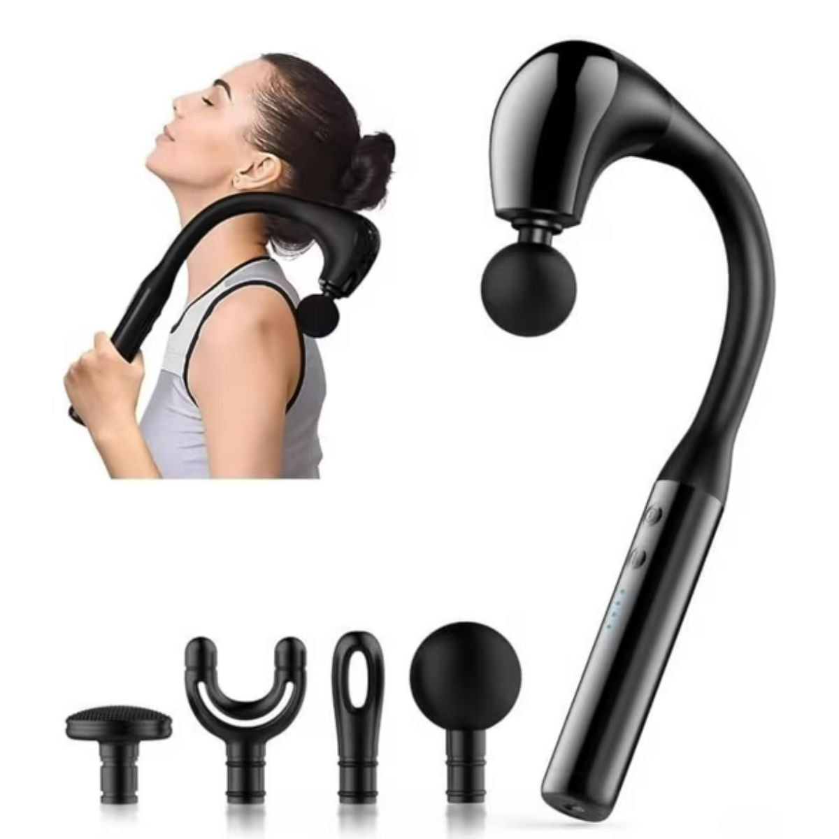 Masajeador Eléctrico Cervical y Corporal | Pistola de Masaje Portátil para Cuello, Espalda y Hombros. Pistola De Masajes 7.4V Recargable USB-C. Incluye 4 Cabezales Color Negro.