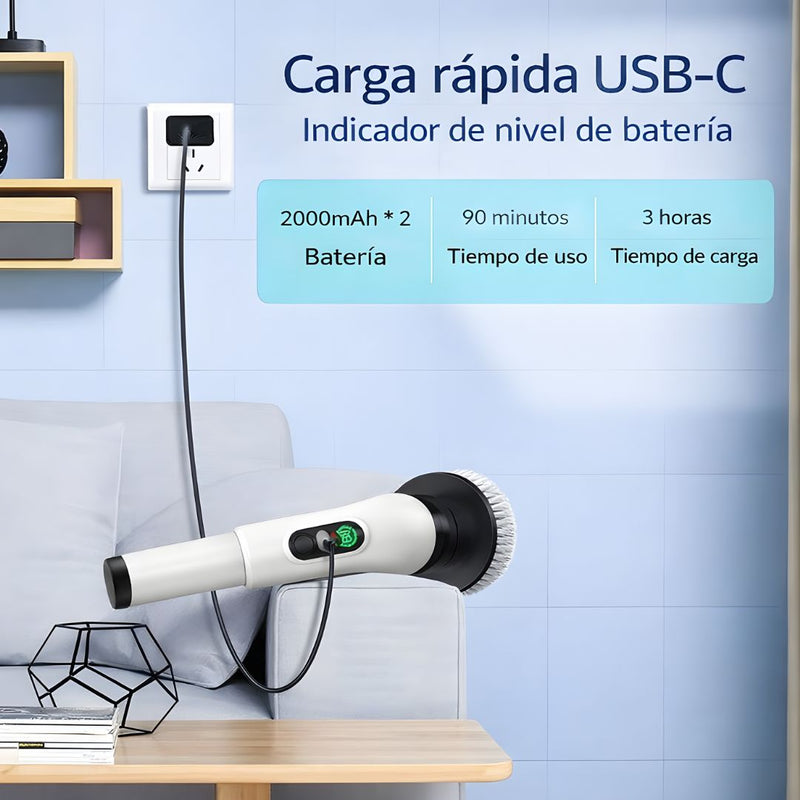 Cepillo Giratorio Eléctrico (30W) con Mango Ajustable (28-127cm) y 6 Cabezales. Limpiador Inalámbrico Multifuncional de 5V y Carga USB-C. Color Blanco