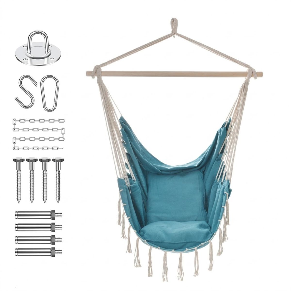 Silla Colgante Tipo Hamaca con Cojines y  de Madera. Silla Columpio para Interior y Exterior con Kit de Instalación. (100x130cm) Color Azul