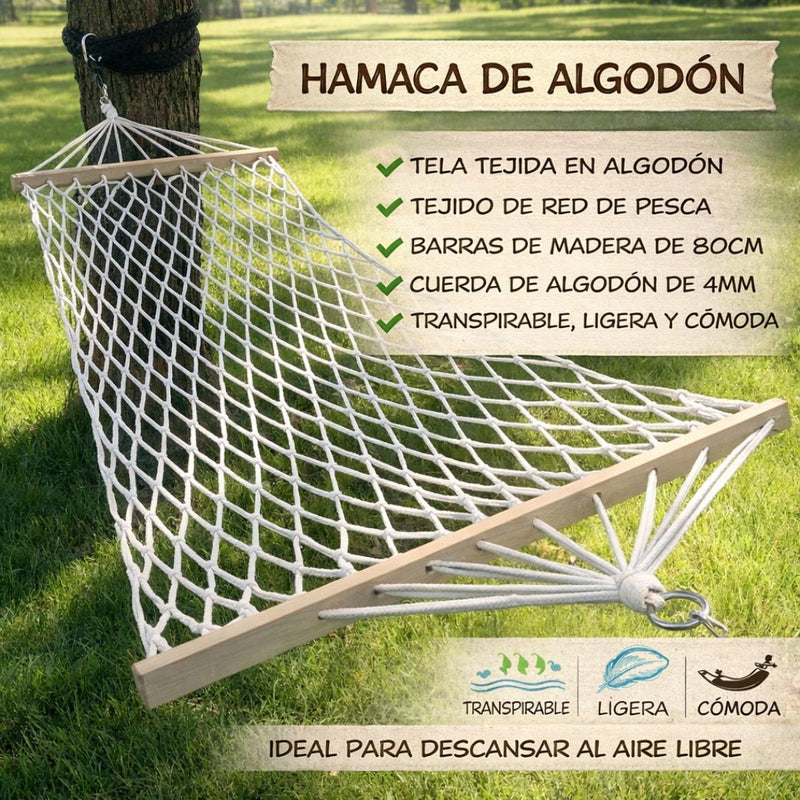 Hamaca Colgante de Algodón con  de Madera Maciza. Chinchorro de Malla Tipo Red de Pesca (200 x 80cm) Transpirable para Jardín y Exterior.
