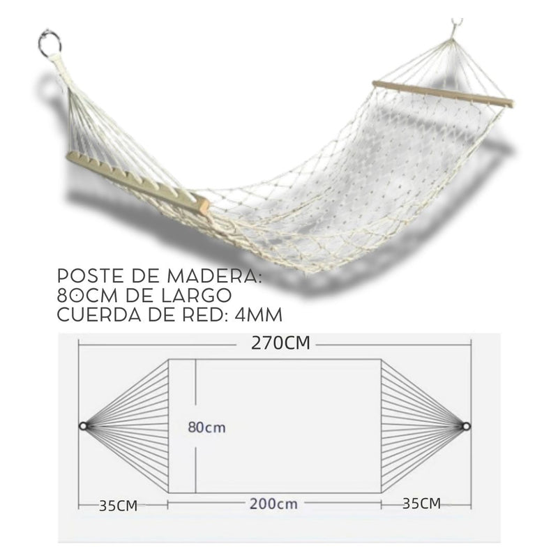 Hamaca Colgante de Algodón con  de Madera Maciza. Chinchorro de Malla Tipo Red de Pesca (200 x 80cm) Transpirable para Jardín y Exterior.