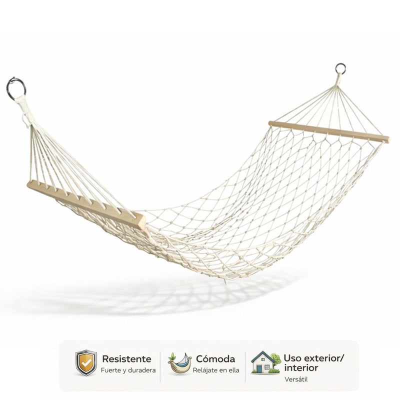 Hamaca Colgante de Algodón con  de Madera Maciza. Chinchorro de Malla Tipo Red de Pesca (200 x 80cm) Transpirable para Jardín y Exterior.