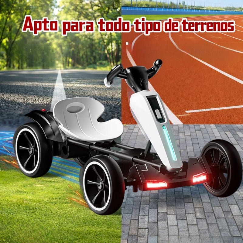 Go Kart Eléctrico para Niños con Luces LED – Carrito Drift Recargable. Vehículo Go Kart Infantil Control Remoto con Bluetooth 6V y 7A. Color Blanco 85×56×51cm.