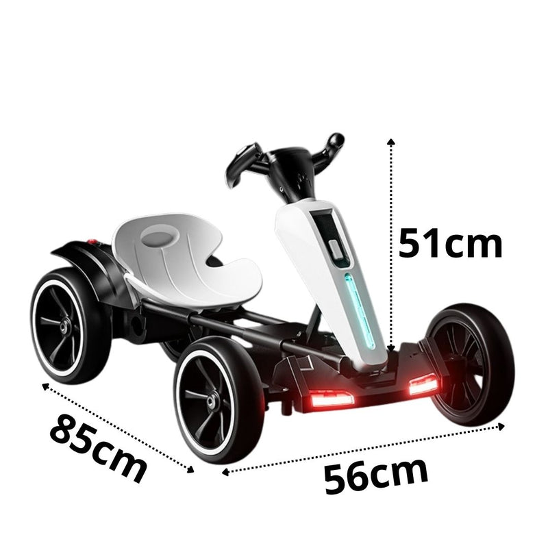 Go Kart Eléctrico para Niños con Luces LED – Carrito Drift Recargable. Vehículo Go Kart Infantil Control Remoto con Bluetooth 6V y 7A. Color Blanco 85×56×51cm.