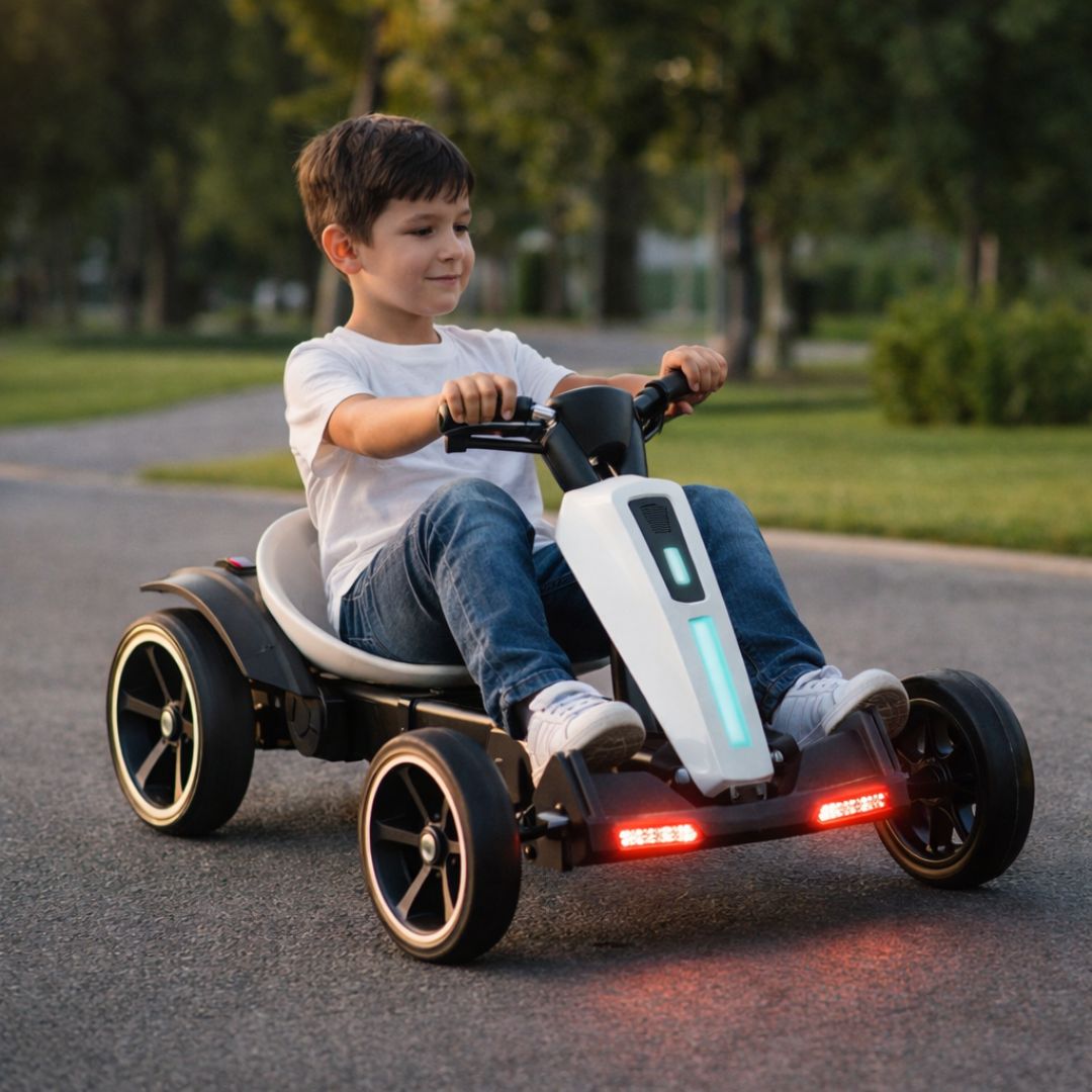 Go Kart Eléctrico para Niños con Luces LED – Carrito Drift Recargable. Vehículo Go Kart Infantil Control Remoto con Bluetooth 6V y 7A. Color Blanco 85×56×51cm.