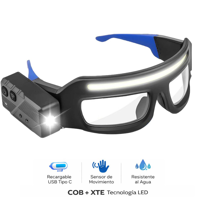Gafas de Seguridad Lentes con Luz COB Recargable USB-C. Lentes con Sensor de Movimiento Hasta10 cm de Resistente al Agua IPX4. Color Azul (16x8x6cm).