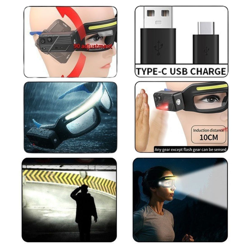 Gafas de Seguridad Lentes con Luz COB Recargable USB-C. Lentes con Sensor de Movimiento Hasta10 cm de Resistente al Agua IPX4. Color Azul (16x8x6cm).