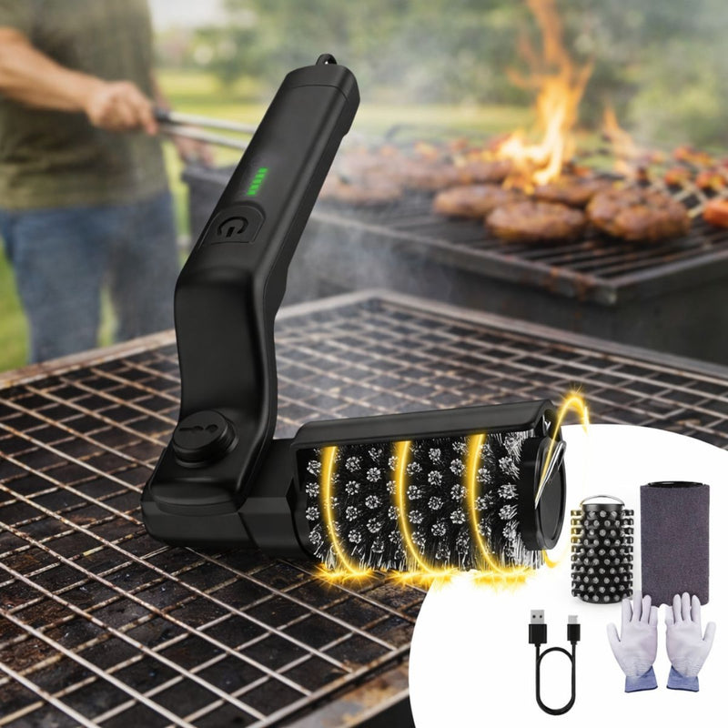 Cepillo Eléctrico para Limpiar Parrillas BBQ – Limpiador Recargable para Asadores con 3 Velocidades. Giratorio con Cabezal de Alambre. Negro 42.1×13.8×7.8cm