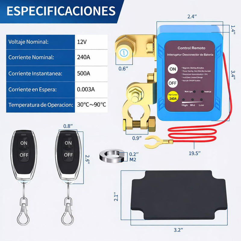 Interruptor Desconectador de Batería para Auto con Control Remoto. Cortacorriente 240A Voltaje 23V. Sistema Antirrobo con Pantalla de Voltaje.