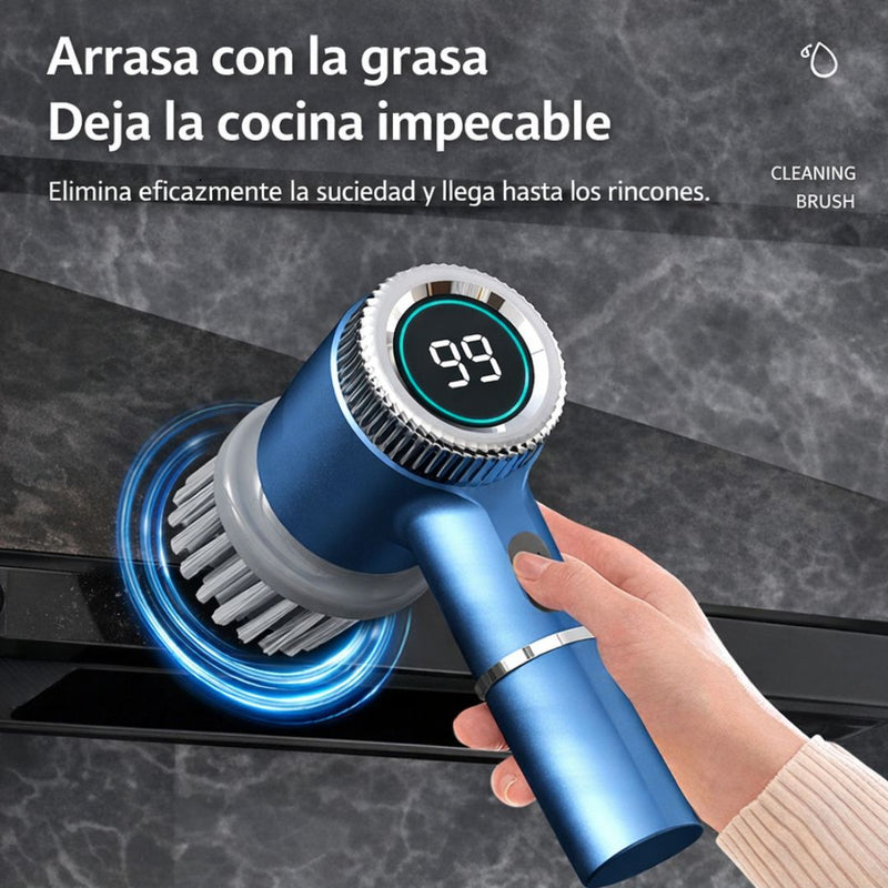 Cepillo de Limpieza Eléctrico Inalámbrico 360° con 5 Cabezales. Limpiador Recargable USB-C para Cocina y Baño 3 Velocidades 5W 5V. Color Azul 20.5 cm.