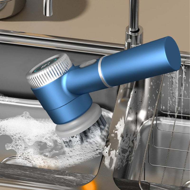 Cepillo de Limpieza Eléctrico Inalámbrico 360° con 5 Cabezales. Limpiador Recargable USB-C para Cocina y Baño 3 Velocidades 5W 5V. Color Azul 20.5 cm.