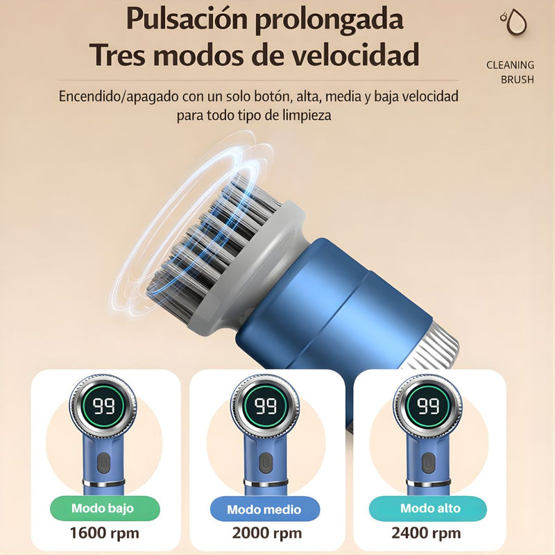 Cepillo de Limpieza Eléctrico Inalámbrico 360° con 5 Cabezales. Limpiador Recargable USB-C para Cocina y Baño 3 Velocidades 5W 5V. Color Azul 20.5 cm.