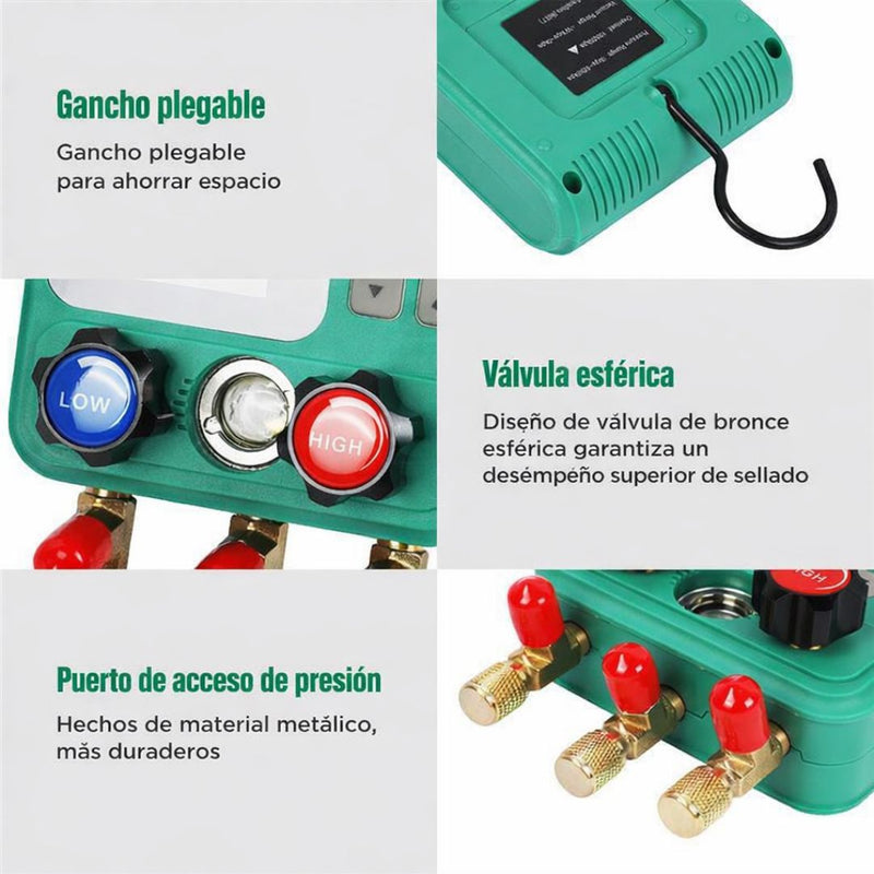 Manómetro Digital HVAC para Refrigeración. Set Medidor de Presión y Vacío 0-6000 KPa con Pantalla LCD. DY523