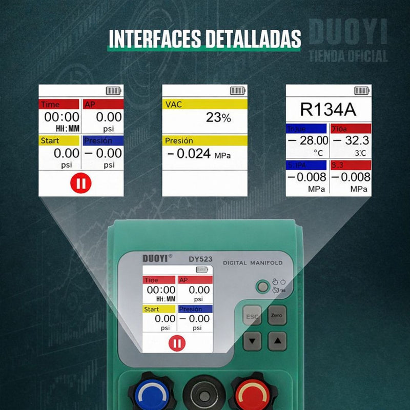 Manómetro Digital HVAC para Refrigeración. Set Medidor de Presión y Vacío 0-6000 KPa con Pantalla LCD. DY523