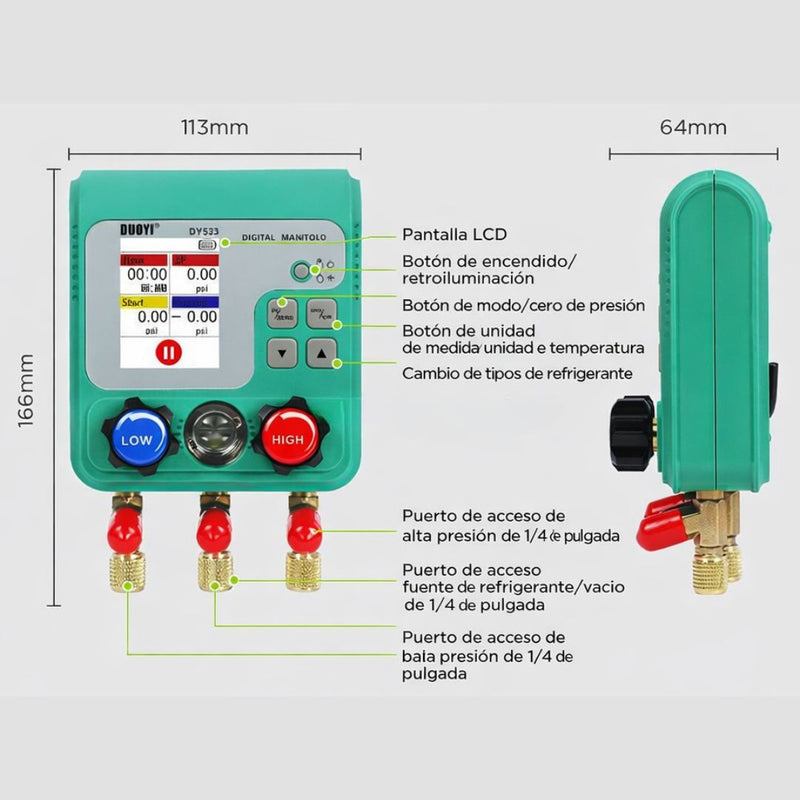 Manómetro Digital HVAC para Refrigeración. Set Medidor de Presión y Vacío 0-6000 KPa con Pantalla LCD. DY523