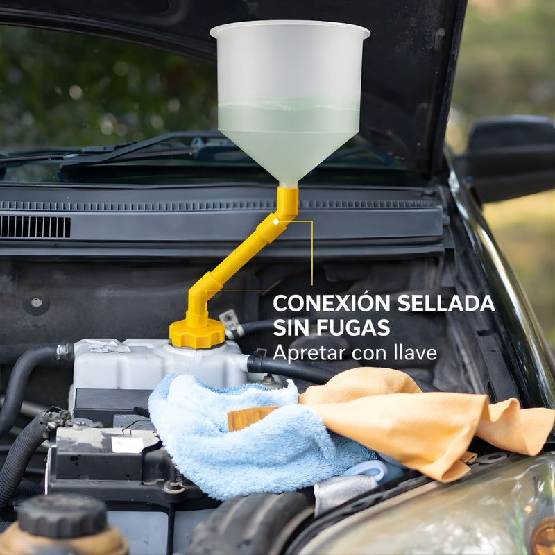 Embudo Antiderrames para Llenado de Refrigerante de Radiador. Sistema con Adaptadores Universales para Auto. Set de 15 Piezas.