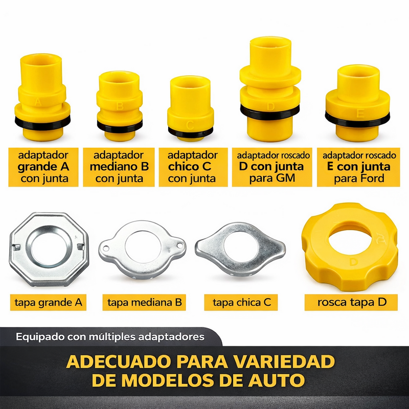 Embudo Antiderrames para Llenado de Refrigerante de Radiador. Sistema con Adaptadores Universales para Auto. Set de 15 Piezas.
