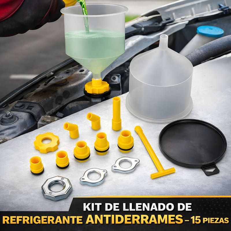 Embudo Antiderrames para Llenado de Refrigerante de Radiador. Sistema con Adaptadores Universales para Auto. Set de 15 Piezas.