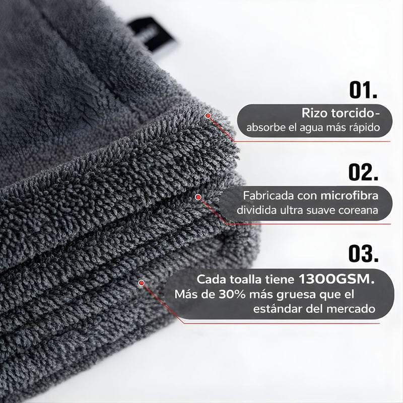 Toalla paño de Microfibra Ultra Absorbente para Secado de Autos Gruesa 1300 GSM. Paño de Secado Automotriz 60×90 cm (24×36"). Color gris.