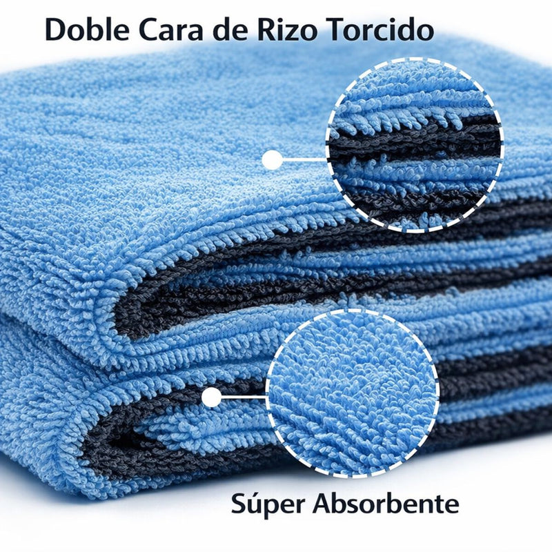 Toalla paño de Microfibra Doble Cara para Secado de Autos Ultra Gruesa 1400 GSM. Paño de Secado Automotriz Ultra Absorbente (60×120cm). Color gris con azul claro.