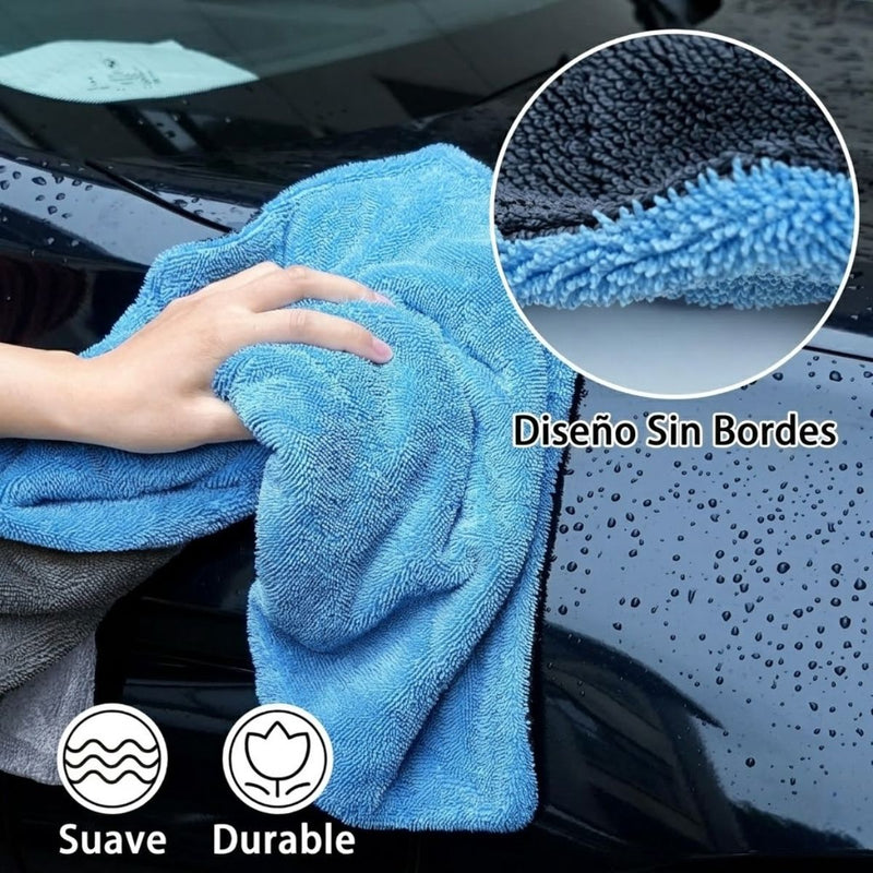 Toalla paño de Microfibra Doble Cara para Secado de Autos Ultra Gruesa 1400 GSM. Paño de Secado Automotriz Ultra Absorbente (60×120cm). Color gris con azul claro.