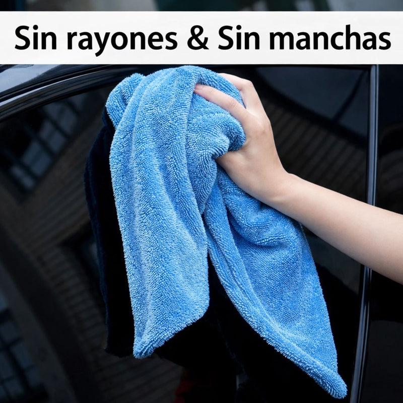 Toalla paño de Microfibra Doble Cara para Secado de Autos Ultra Gruesa 1400 GSM. Paño de Secado Automotriz Ultra Absorbente (60×120cm). Color gris con azul claro.