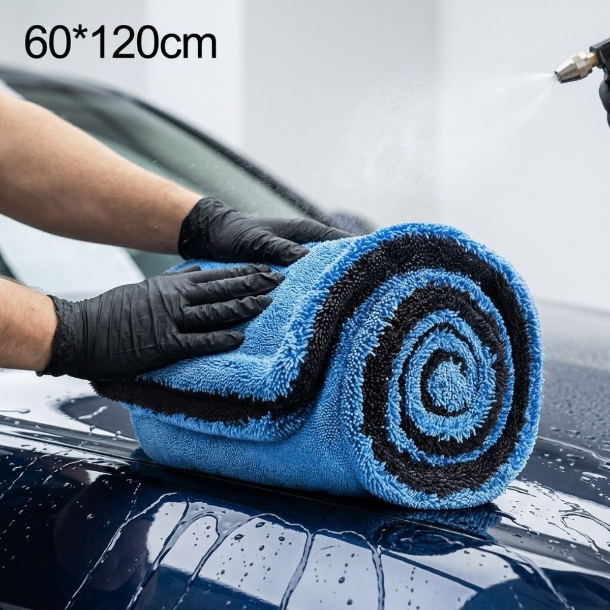 Toalla paño de Microfibra Doble Cara para Secado de Autos Ultra Gruesa 1400 GSM. Paño de Secado Automotriz Ultra Absorbente (60×120cm). Color gris con azul claro.