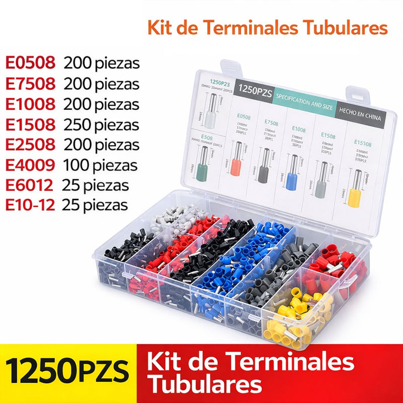 Surtido De Terminales Tubulares. Conjunto De Conectores Eléctricos. Tamaños Variados Para Cable. Set De 1250 Piezas.