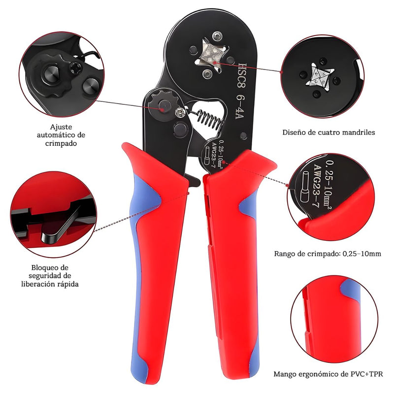 Pinza Crimpadora Para Terminales. Herramienta Para Conectores Eléctricos. Alicate De Crimpar 0.25-10mm². Modelo HSC8 6-4A.