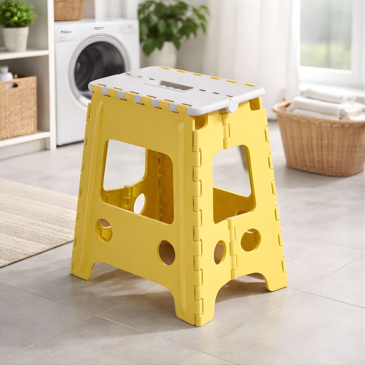 Taburete Plegable Antideslizante 40cm. Soporta hasta 80 kg. Escaloncito Multiusos. Banquito con Asa. Color amarillo con gris.